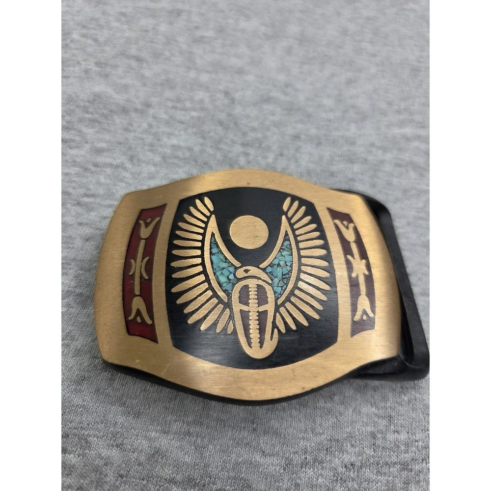 1970s Tech Ether Guild Winged Cobra Turquoise Brass Belt Buckle